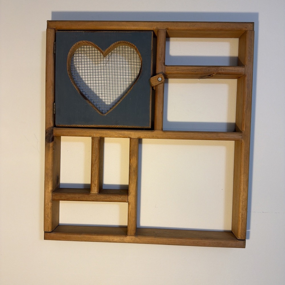Vtg Solid Wood Heart Door Hanging Wall Shelf 19.5x18" Cottagecore Trinket Shelf